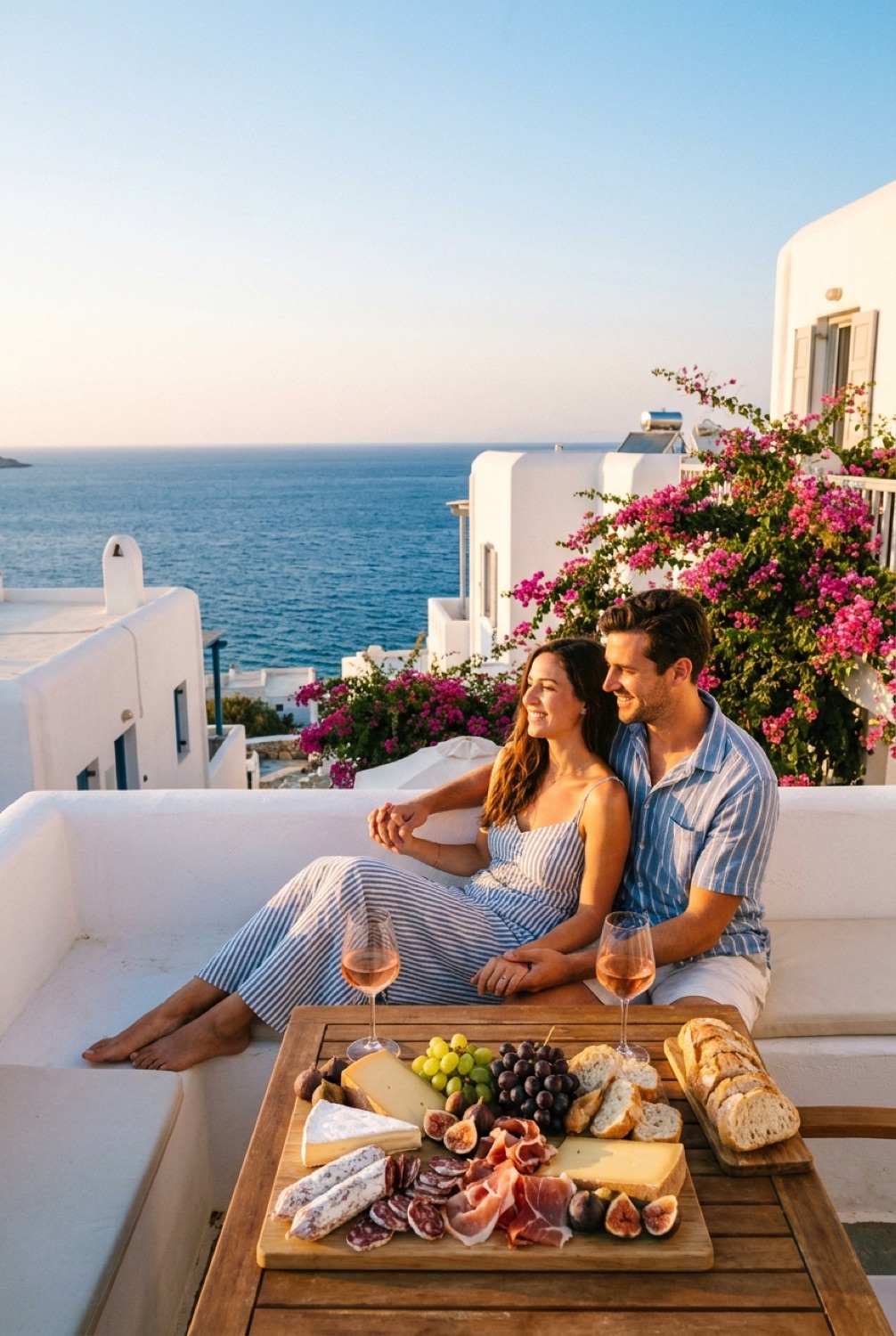 Couple en terrasse avec vue mer à Paros