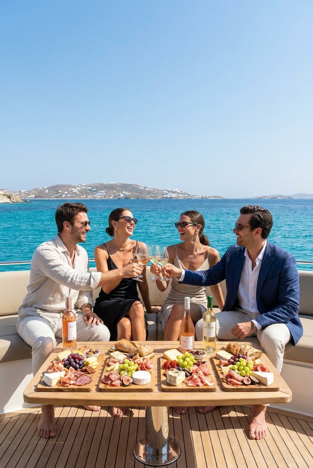 Invités sur un yacht avec plateaux dans les Cyclades